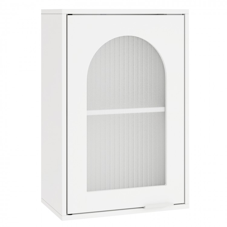 White bathroom wall cabinet with tempered glass door, adjustable shelf, and metal handle for versatile storage.