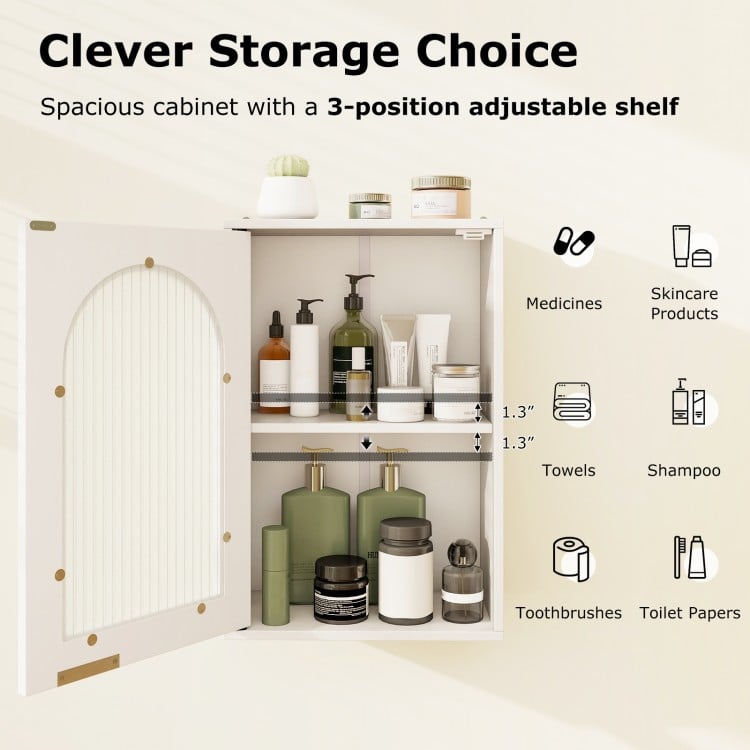 Spacious bathroom wall cabinet with tempered glass door, adjustable shelf, and magnetic catch for organized storage.