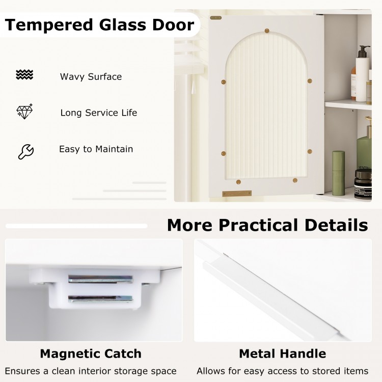 Bathroom wall cabinet with tempered glass door, adjustable shelf, and metal handle for easy access and clean storage.