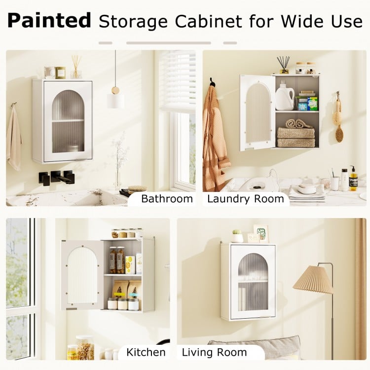 Wall-mounted white cabinet with tempered glass door and adjustable shelf, perfect for stylish storage in any room.