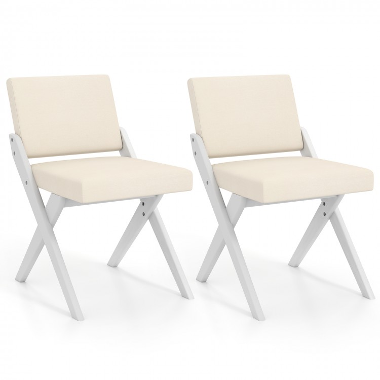 Set of two wooden dining chairs with white rubber wood frames and padded cushions, ideal for modern farmhouse.