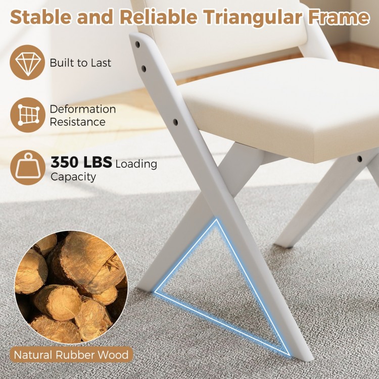 White wooden dining chair with rubber wood frame, padded cushions, and stable triangular design for comfort and.