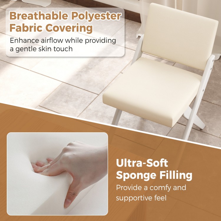 Close-up of a padded cushion on a white wooden dining chair, featuring breathable polyester fabric for comfort and.