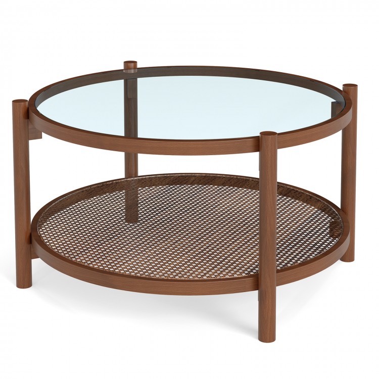 Round coffee table featuring a tempered glass top and hand-woven rattan shelf, perfect for living room decor.
