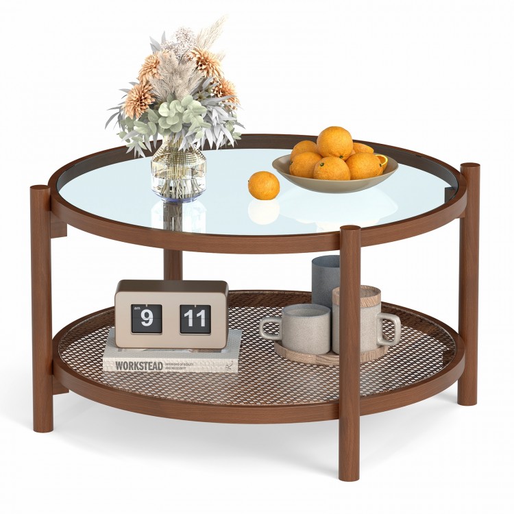 Round coffee table with tempered glass top and hand-woven rattan shelf, perfect for living room decor and functionality.