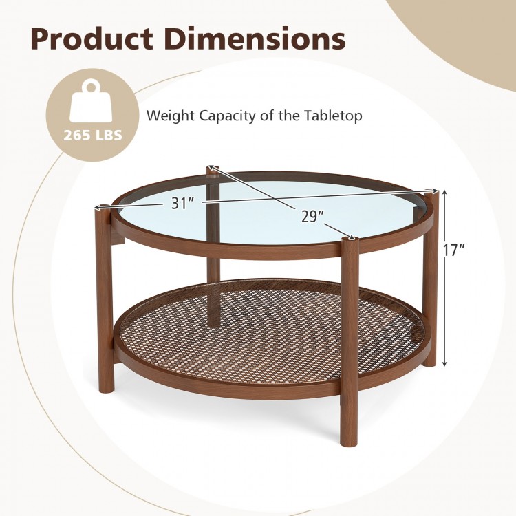 31-inch round coffee table with tempered glass top and rattan shelf, sturdy wood frame, ideal for living room use.