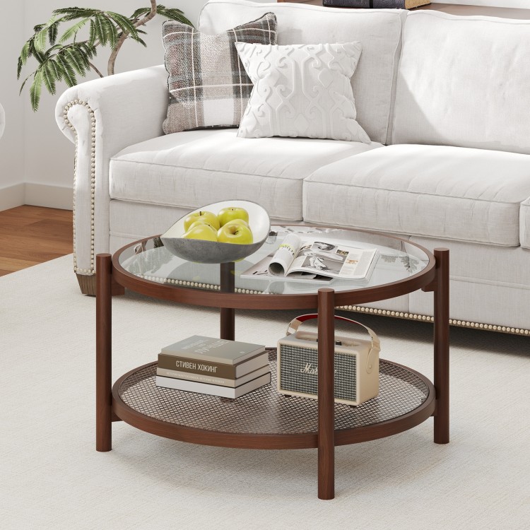 Round coffee table with tempered glass top and hand-woven rattan shelf, ideal for living room elegance and.