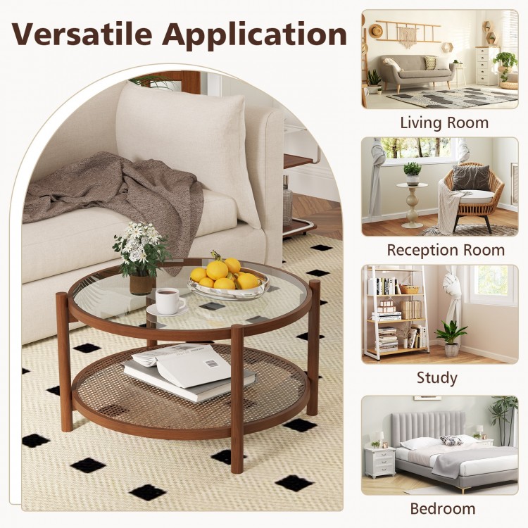 Round coffee table with tempered glass top and hand-woven rattan shelf, ideal for living room or study use.