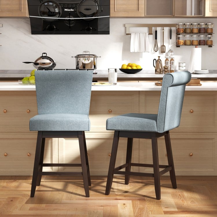 Set of 2 gray counter height bar chairs with rubber wood legs, featuring a 360° swivel and ergonomic backrest for.