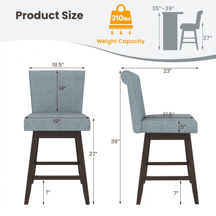 Counter height bar chair set of 2 in gray with rubber wood legs, featuring a 360° swivel and ergonomic design.