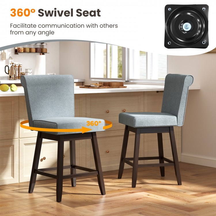 Gray 27-inch counter height bar chair with 360° swivel seat and rubber wood legs, ideal for kitchen or dining room use.