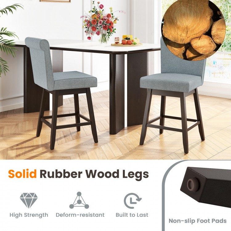 Gray 27-inch counter height bar chairs with solid rubber wood legs, featuring a swivel design and ergonomic backrest.