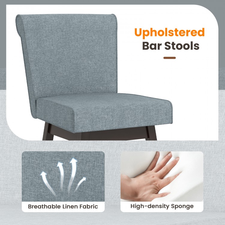 Gray upholstered bar stool with rubber wood legs, featuring a breathable linen fabric and high-density sponge cushion.