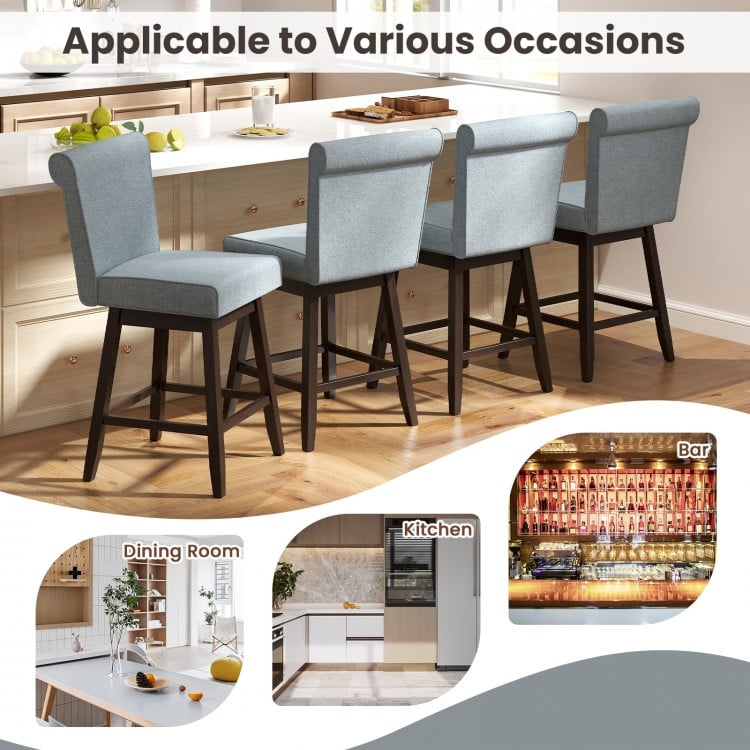 Gray 27-inch counter height bar chair showcasing solid rubber wood legs and a comfortable, thickened seat cushion for.