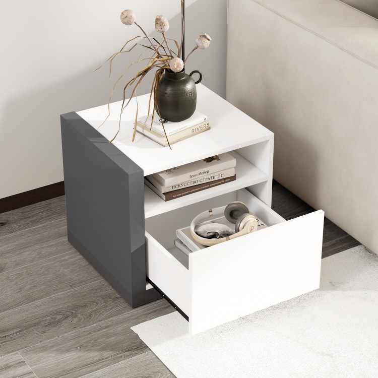 Modern minimalist nightstand with drawer and open compartment, perfect for bedroom storage and organization.