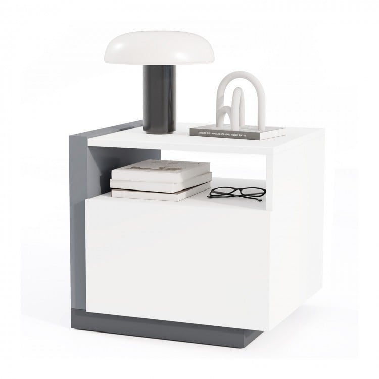 Modern minimalist nightstand with a sleek design, featuring a spacious tabletop for lamps and decor in any bedroom.