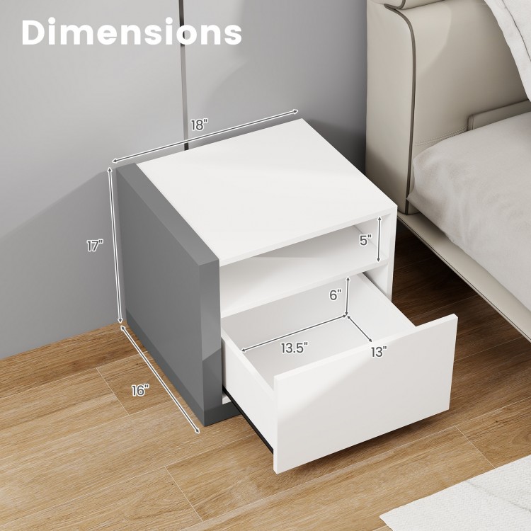 Modern minimalist nightstand with drawer, showcasing dimensions and open compartment for organized storage in bedroom.