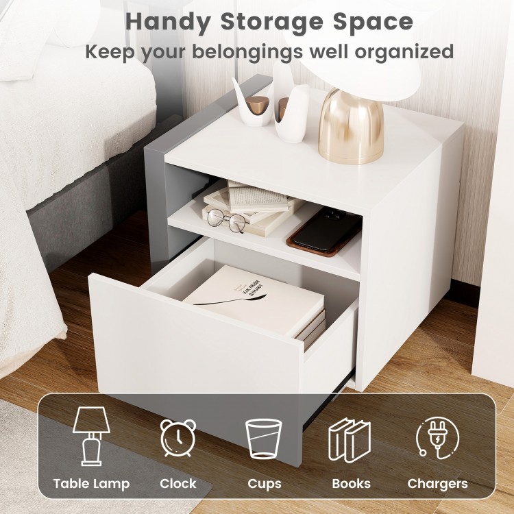 Modern minimalist nightstand with drawer, featuring spacious tabletop and open compartment for organized storage in.