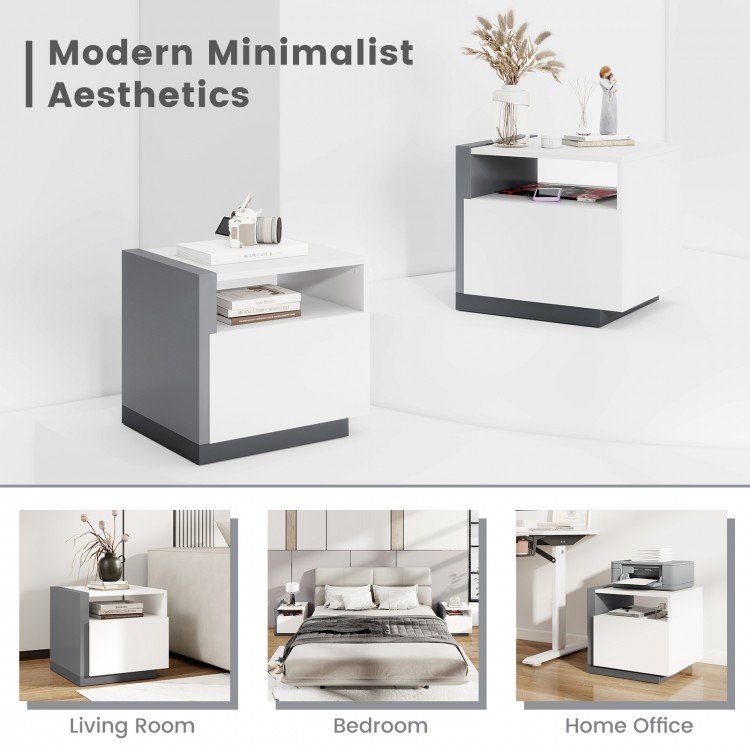 Modern minimalist nightstand with drawer, featuring a spacious tabletop and open compartment for organized storage.