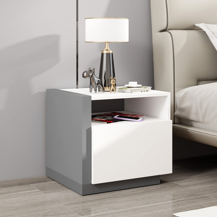 Modern minimalist nightstand with a sleek drawer and open shelf, ideal for stylish bedroom or home office organization.