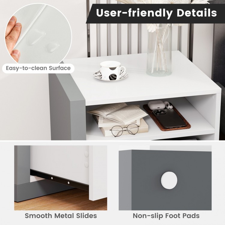 Close-up of the modern minimalist nightstand's easy-to-clean surface, smooth metal slides, and non-slip foot pads.