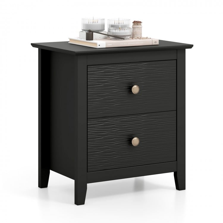 Modern black nightstand with two drawers, featuring a textured design and sturdy legs, ideal for small spaces.