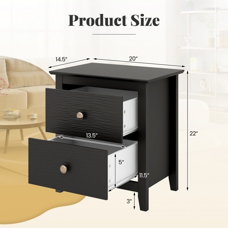 Modern black nightstand with two drawers, featuring a wide tabletop and dimensions of 20"x22" for small spaces.