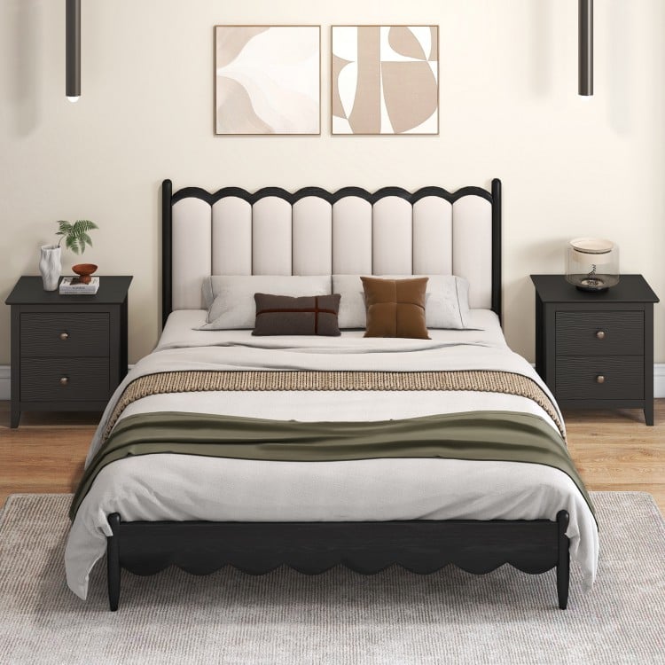 Black modern nightstand with two drawers, featuring a wide tabletop and elegant design, perfect for small spaces.