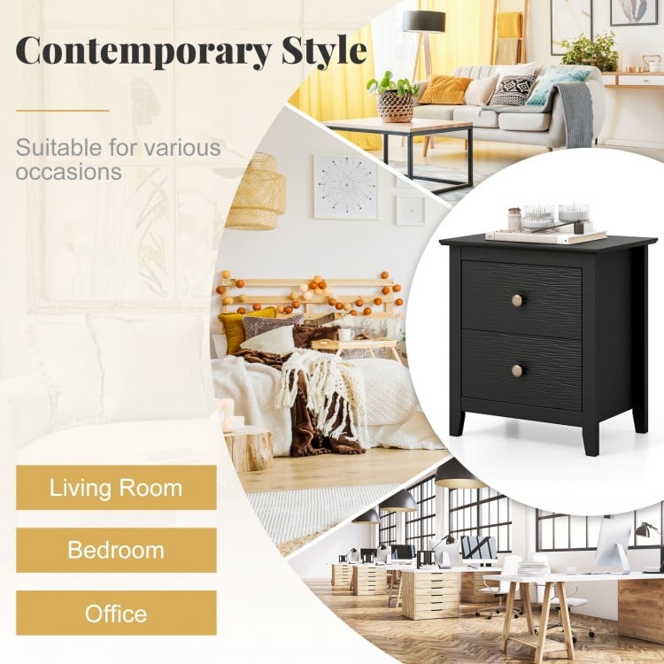 Modern black nightstand with two drawers, featuring a wide tabletop, ideal for bedroom or office use.
