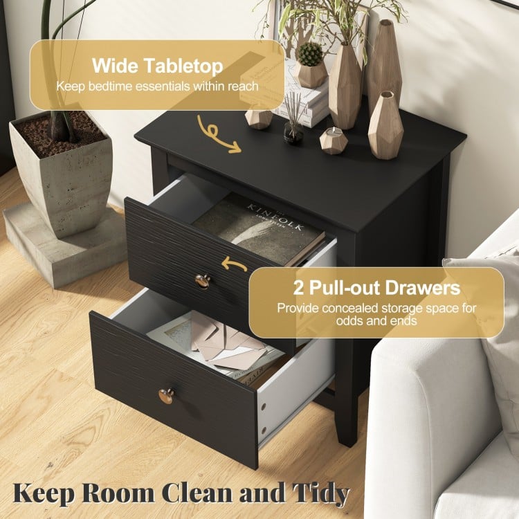 Modern black nightstand featuring a wide tabletop and two pull-out drawers for concealed storage in small spaces.