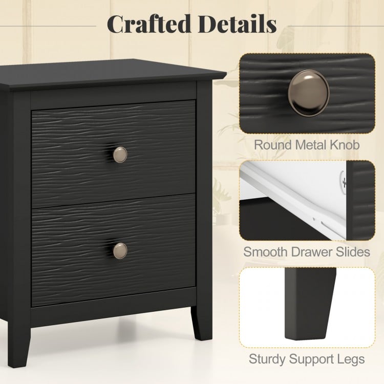 Black modern nightstand with two drawers, featuring a round metal knob and sturdy support legs for small spaces.