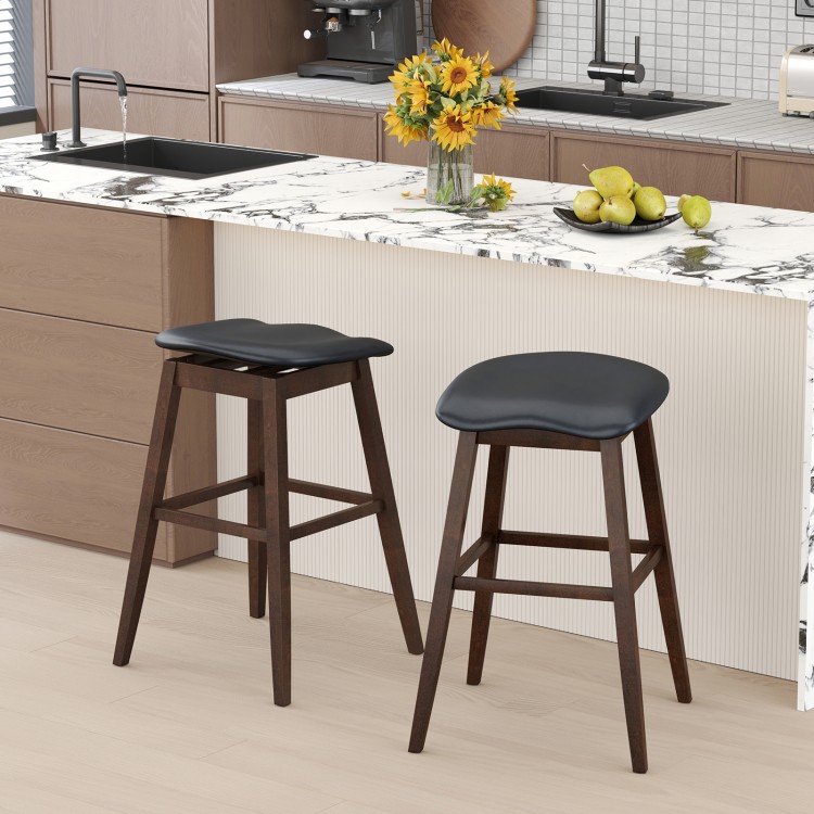 Set of 2 swivel bar stools with padded black seats and brown rubber wood legs, ideal for kitchens and dining areas.