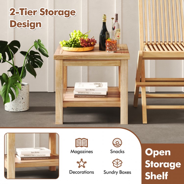 Teak wood square side table with open shelf, featuring a 2-tier design, perfect for small spaces and indoor/outdoor use.
