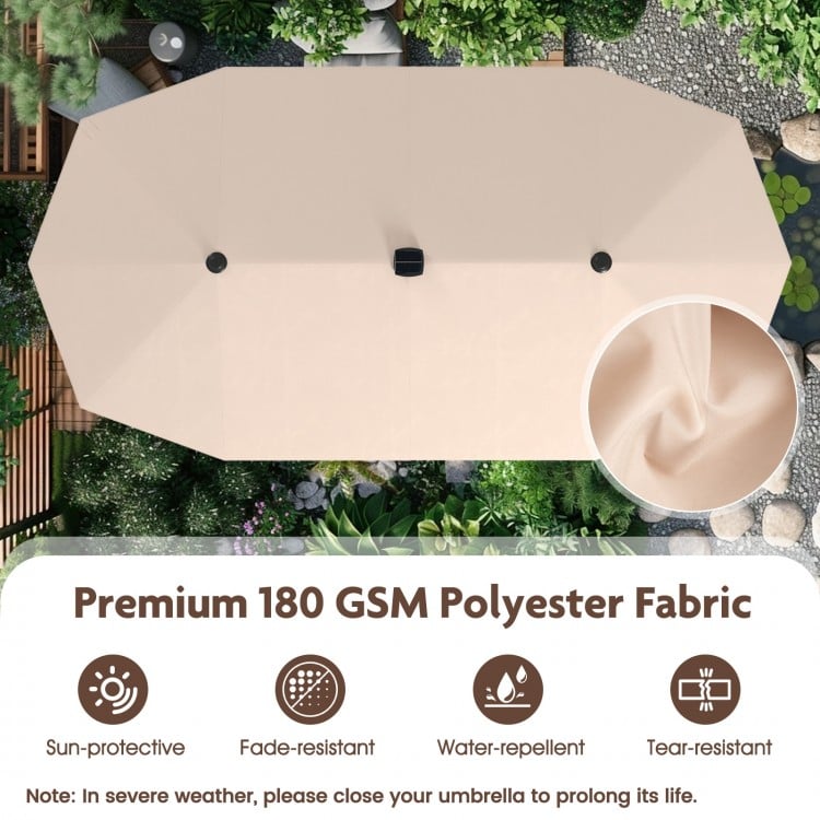 13 ft beige patio umbrella with LED solar lights, featuring a crank handle and double-sided design for ample shade.