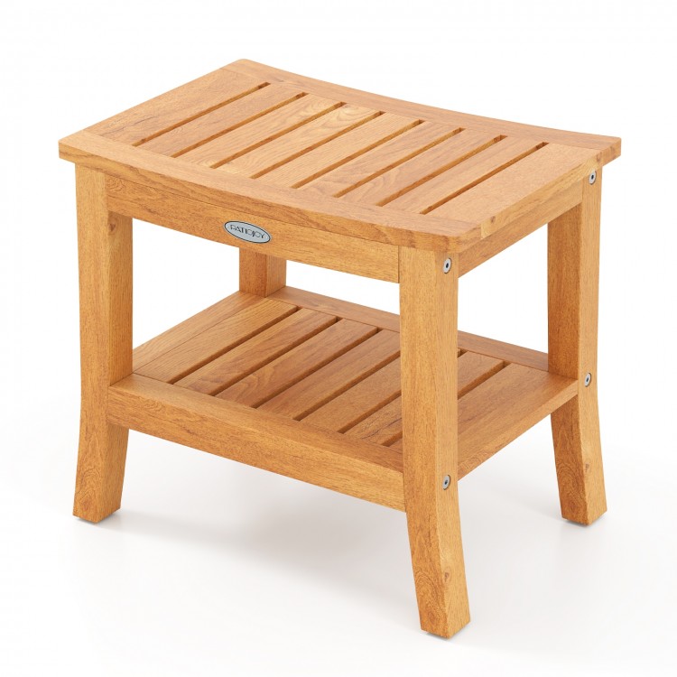 Curved top 20-inch teak shower bench with storage shelf, slatted design for drainage, ideal for bathroom use.