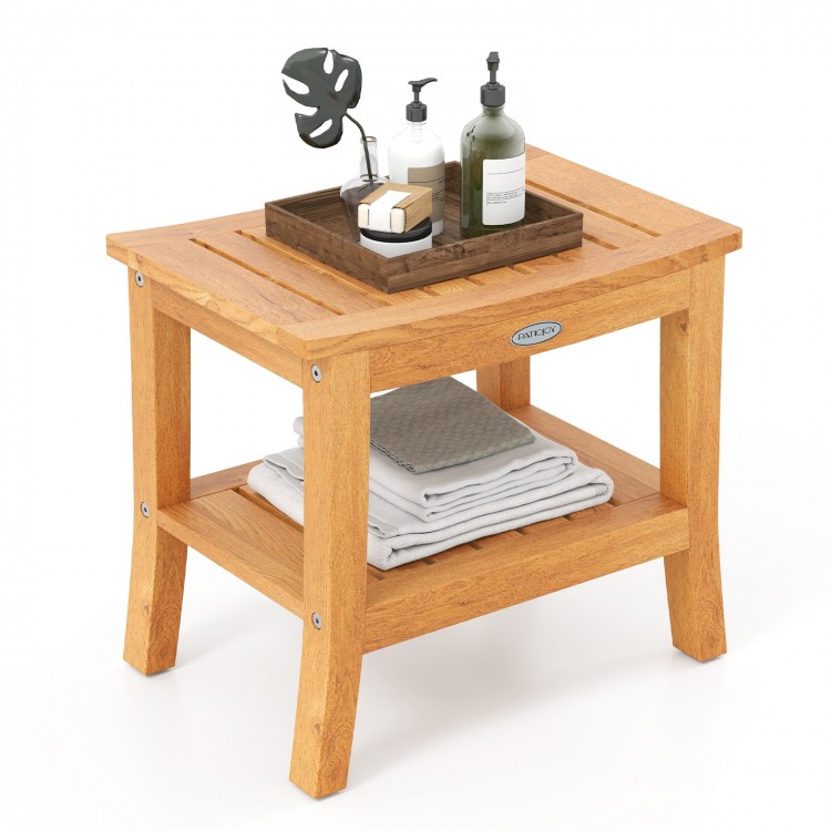 20-inch teak shower bench with curved top, storage shelf, and anti-slip feet, perfect for towels and shower supplies.