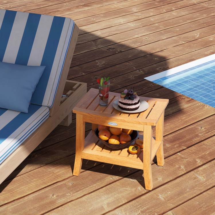 20-inch teak shower bench with curved top, featuring two storage tiers and anti-slip foot pads for stability.