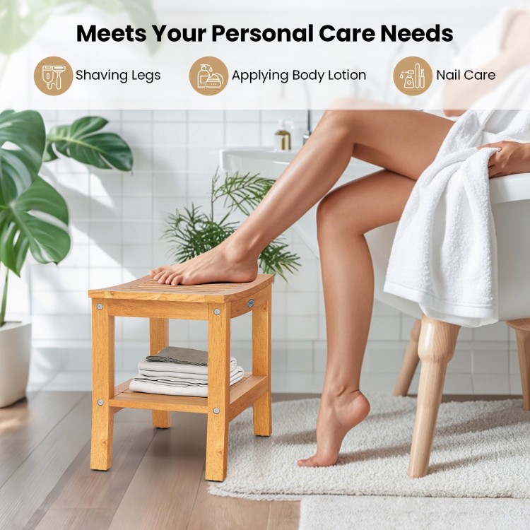 Non-slip shower bench with curved top and storage shelf, made of solid teak, ideal for personal care and accessibility.