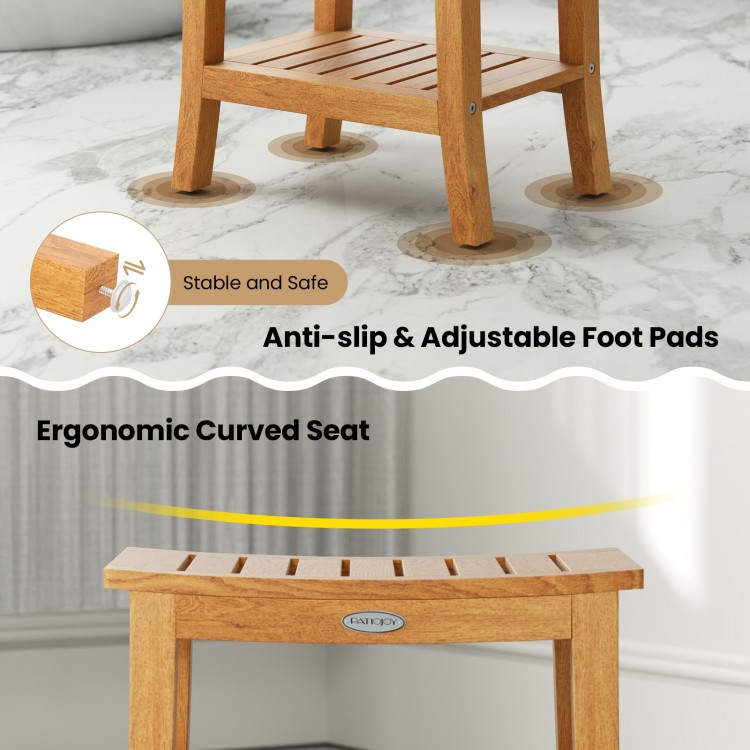 20-inch non-slip shower bench with a curved seat, solid teak construction, and adjustable foot pads for stability.