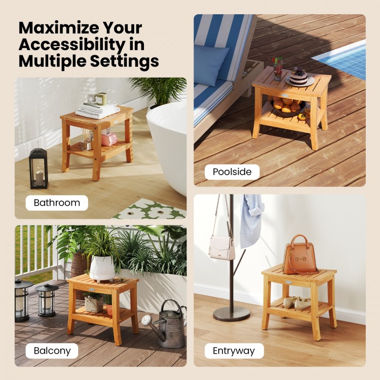 20-inch non-slip shower bench with storage shelf, solid teak construction, suitable for bathroom, balcony, and entryway.