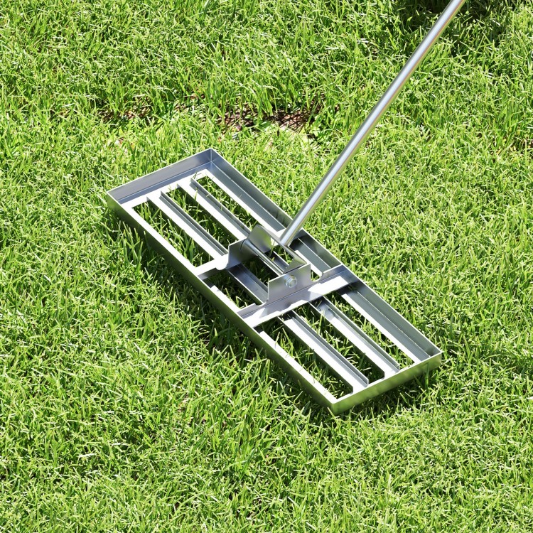Lawn leveling rake with ergonomic handle, 30 x 10 inches, featuring a large plate for even lawn surface leveling.