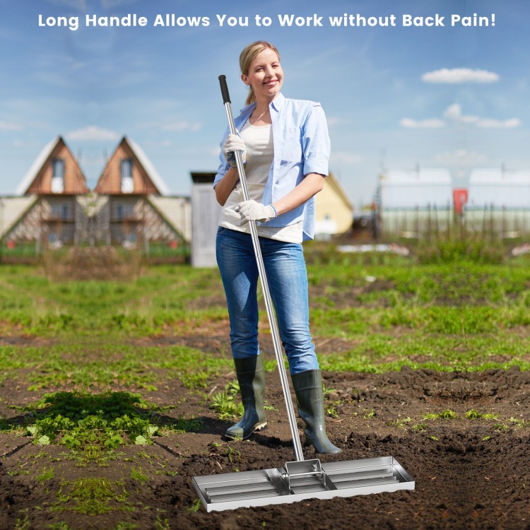 30 x 10 inch lawn leveling rake with ergonomic handle, designed for easy use in backyard and garden without back pain.