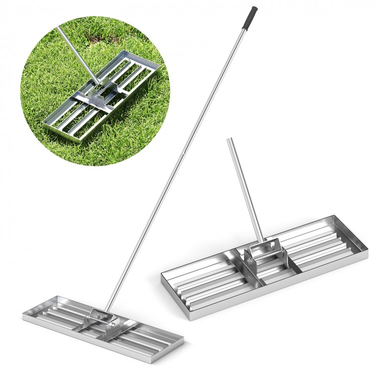 Lawn leveling rake with 30 x 10 inch plate and ergonomic handle, perfect for even lawn surfaces in gardens and.