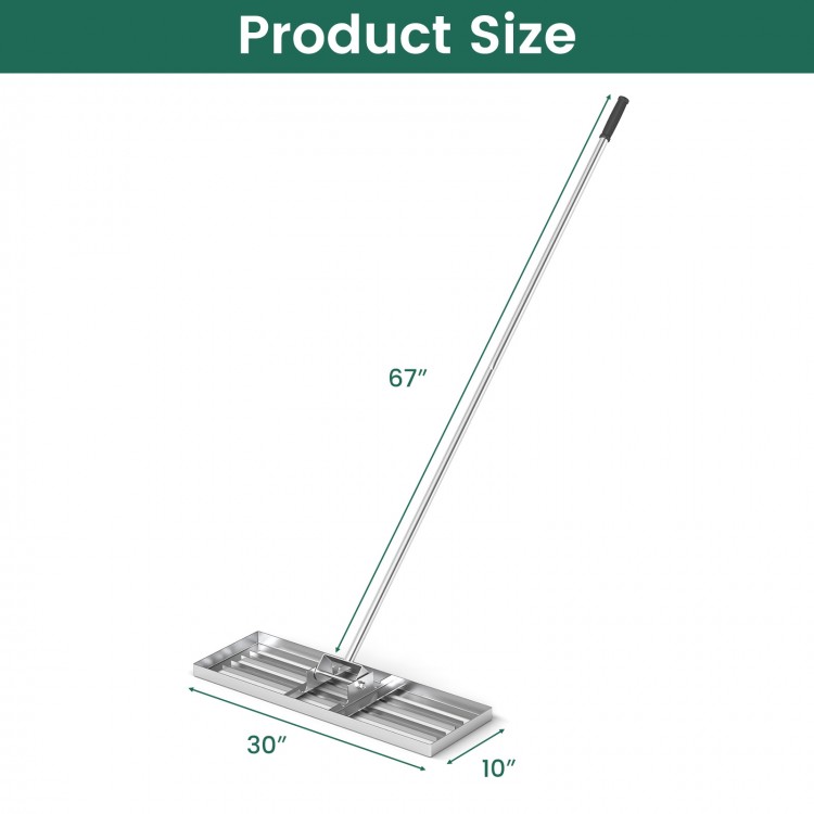 30 x 10 inch lawn leveling rake with ergonomic handle, featuring a rustproof design for easy lawn maintenance.