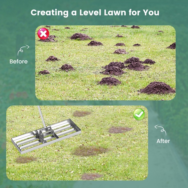 Lawn leveling rake with ergonomic handle, showcasing before and after results for a smooth lawn surface.
