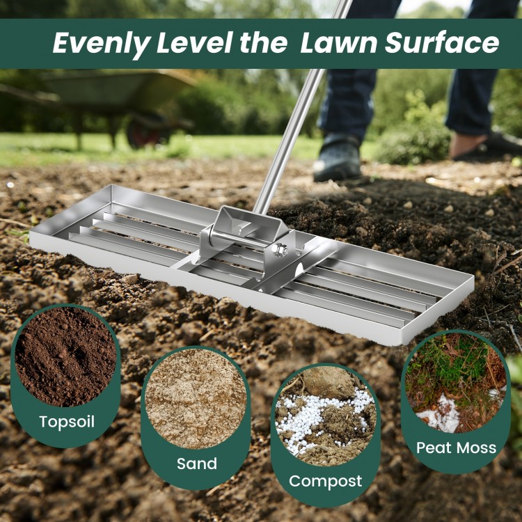 Lawn leveling rake with ergonomic handle, 30 x 10 inches, ideal for leveling topsoil and sand in gardens and lawns.