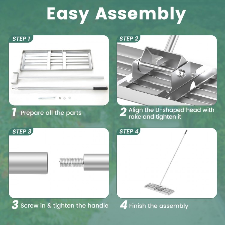 Lawn leveling rake assembly steps showing parts, U-shaped head alignment, and handle attachment for easy setup.