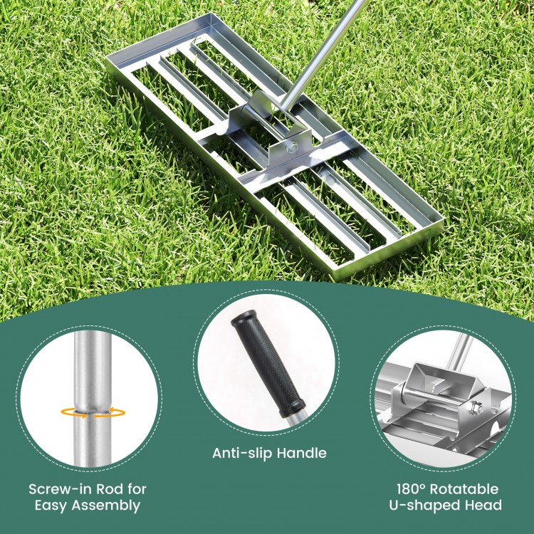 30 x 10 inch lawn leveling rake with ergonomic anti-slip handle and 180° rotatable U-shaped head for easy lawn.