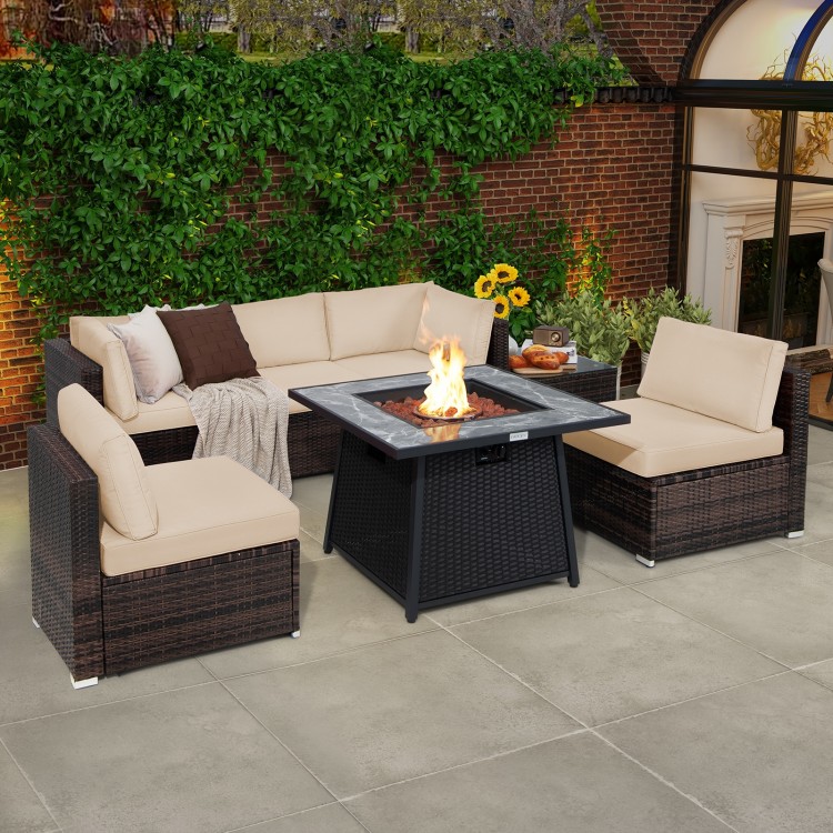 7-piece patio furniture set featuring a 35-inch propane gas fire pit table and beige cushions for outdoor relaxation.