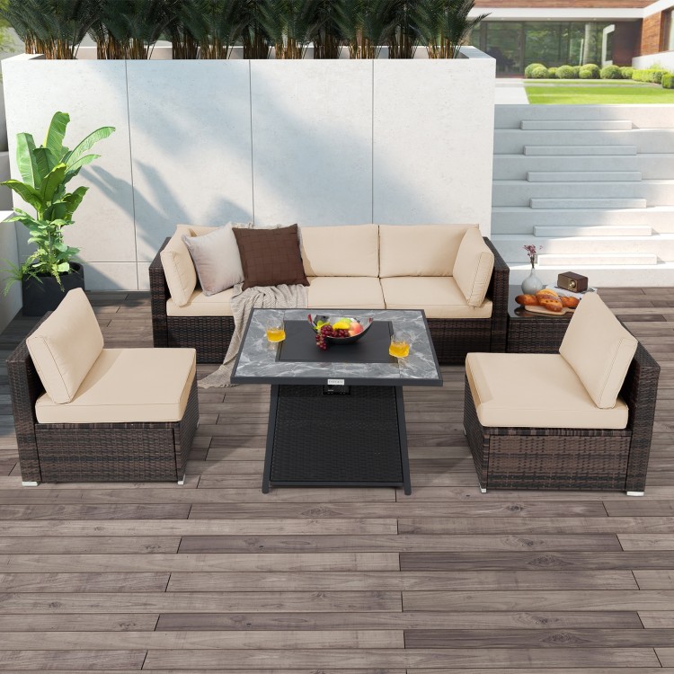7-piece patio furniture set featuring a propane gas fire pit table with beige cushions, perfect for outdoor relaxation.
